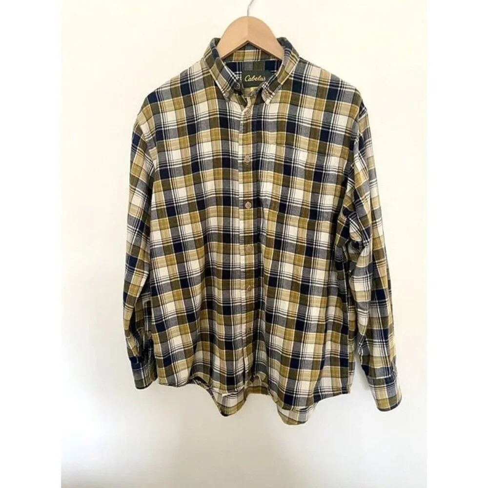 Men's Cabela's Button Down Shirt Sz L Grey Yellow‎ Plaid Grunge Nirvana 90s Y2K